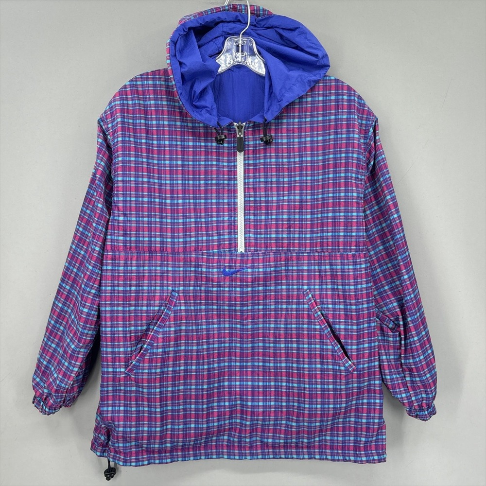 Vintage Nike Jacket Mens Medium Plaid Reversible 1/2 Zip Hooded Windbreaker 90s